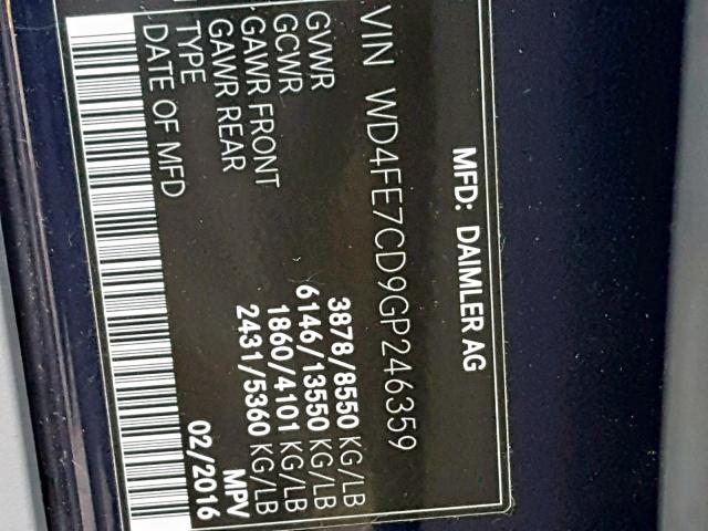 WD4FE7CD9GP246359 - 2016 MERCEDES-BENZ SPRINTER 2 BLACK photo 10