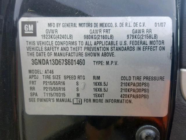 3GNDA13D67S601460 - 2007 CHEVROLET HHR LS Սև լուսանկար 10