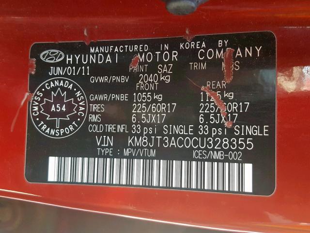 KM8JT3AC0CU328355 - 2012 HYUNDAI TUCSON GL RED photo 10