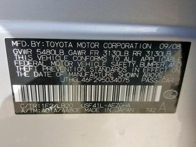 JTHGL46F295034075 - 2009 LEXUS LS 460L SILVER photo 10