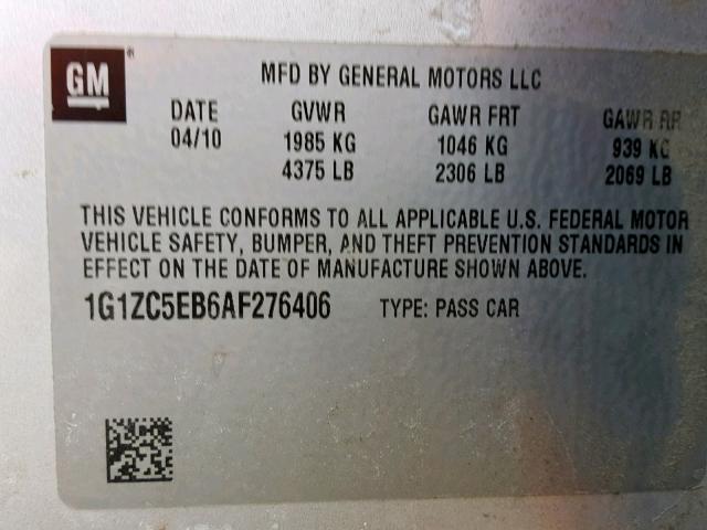 1G1ZC5EB6AF276406 - 2010 CHEVROLET MALIBU 1LT ვერცხლისფერი ფოტო 10