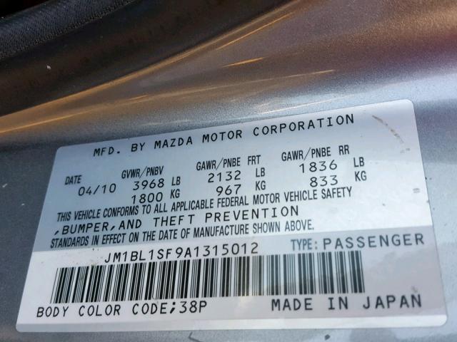 JM1BL1SF9A1315012 - 2010 MAZDA 3 I SILVER photo 10