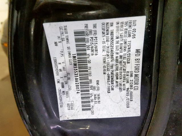 1MEFM55S35A628074 - 2005 MERCURY SABLE LS P BLACK photo 10