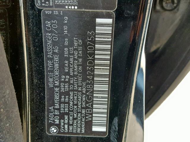 WBAGN83423DK10753 - 2003 BMW 760 LI BLACK photo 10