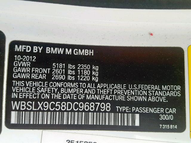 WBSLX9C58DC968798 - 2013 BMW M6 WHITE photo 10