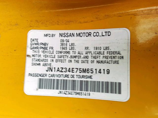 JN1AZ34E75M651419 - 2005 NISSAN 350Z COUPE YELLOW photo 10