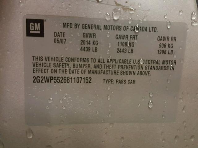 2G2WP552681107152 - 2008 PONTIAC GRAND PRIX SILVER photo 10