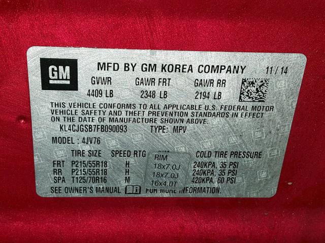 KL4CJGSB7FB090093 - 2015 BUICK ENCORE RED photo 10