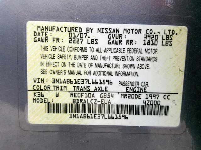 3N1AB61E37L661596 - 2007 NISSAN SENTRA 2.0 GRAY photo 10