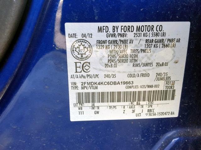 2FMDK4KC6DBA19663 - 2013 FORD EDGE LIMIT BLUE photo 10