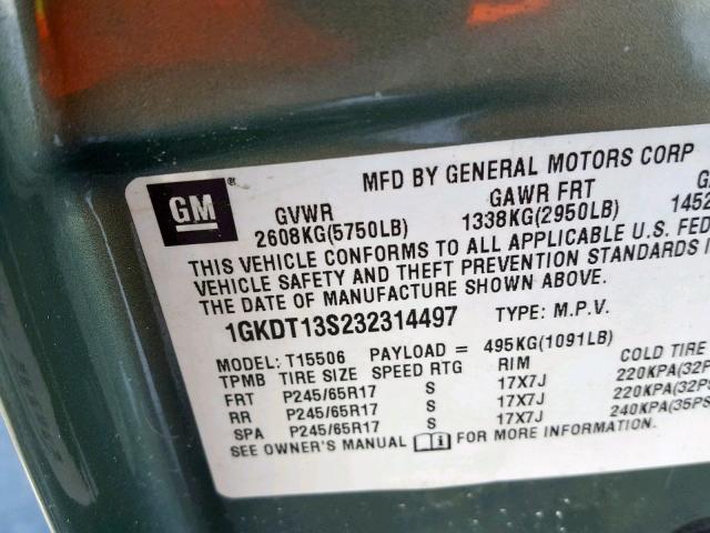 1GKDT13S232314497 - 2003 GMC ENVOY GREEN photo 10