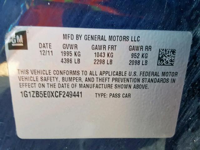 1G1ZB5E0XCF249441 - 2012 CHEVROLET MALIBU LS 蓝色 照片 10