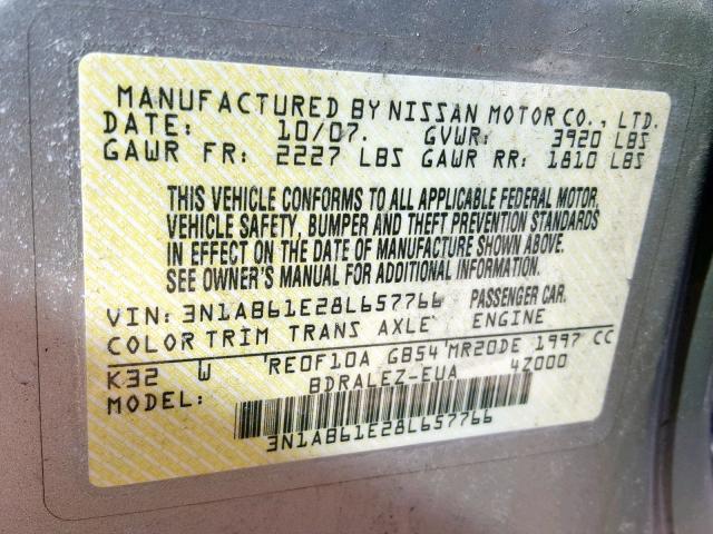 3N1AB61E28L657766 - 2008 NISSAN SENTRA 2.0 SILVER photo 10