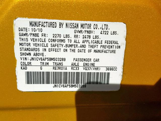 JN1CV6AP5BM503289 - 2011 INFINITI G37 BASE YELLOW photo 10