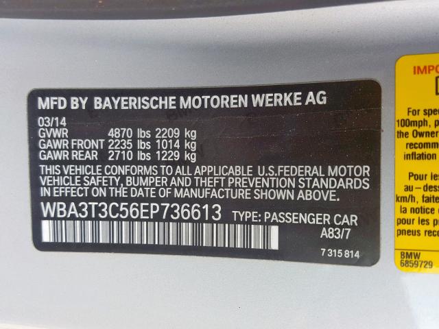 WBA3T3C56EP736613 - 2014 BMW 435 I SILVER photo 10