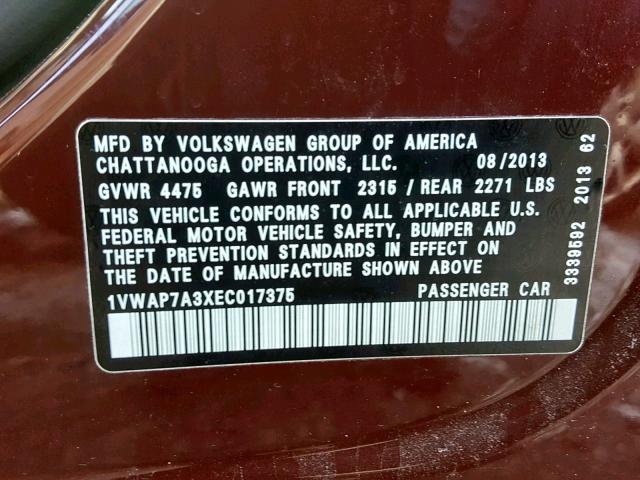 1VWAP7A3XEC017375 - 2014 VOLKSWAGEN PASSAT S MAROON photo 10