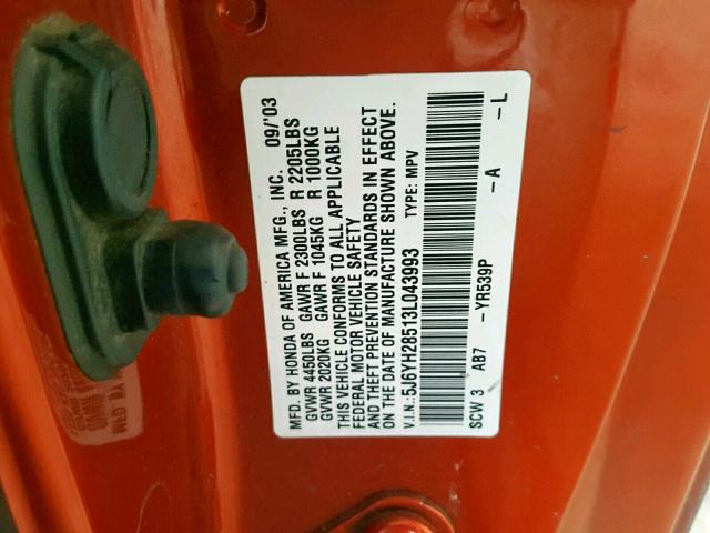 5J6YH28513L043993 - 2003 HONDA ELEMENT EX ORANGE photo 10