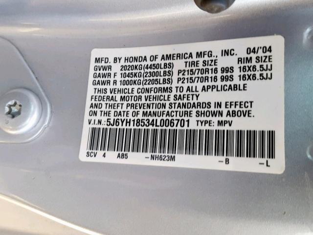 5J6YH18534L006701 - 2004 HONDA ELEMENT EX SILVER photo 10