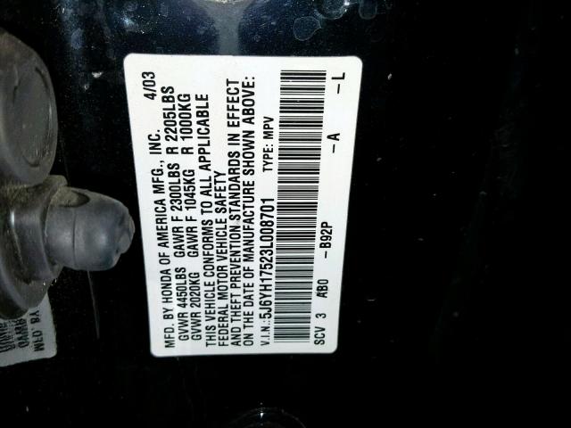 5J6YH17523L008701 - 2003 HONDA ELEMENT EX BLACK photo 10