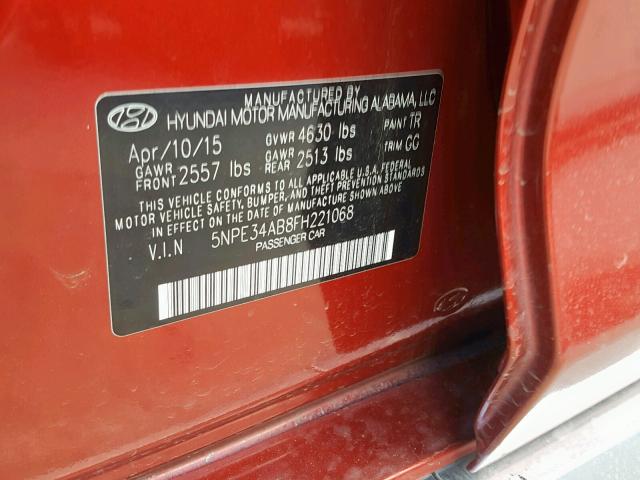 5NPE34AB8FH221068 - 2015 HYUNDAI SONATA SPO BURGUNDY photo 10