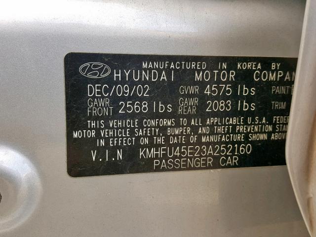 KMHFU45E23A252160 - 2003 HYUNDAI XG 350 SILVER photo 10