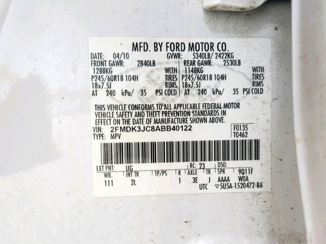 2FMDK3JC8ABB40122 - 2010 FORD EDGE SEL WHITE photo 10