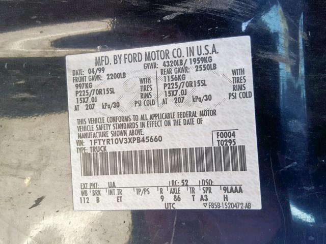 1FTYR10V3XPB45660 - 1999 FORD RANGER BLACK photo 10