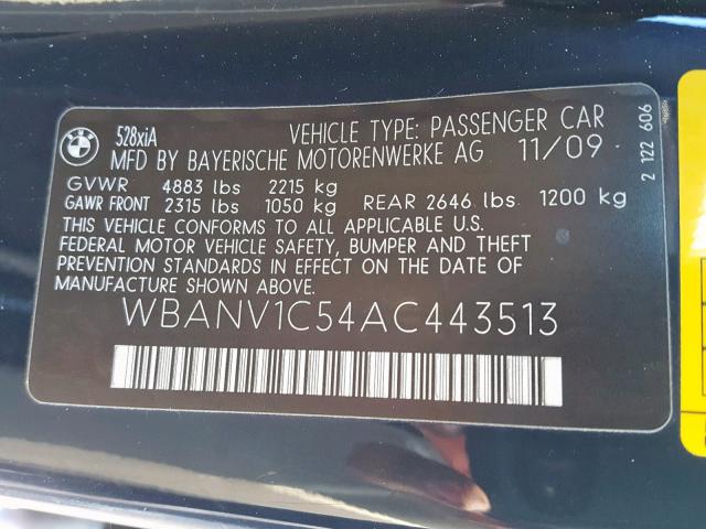 WBANV1C54AC443513 - 2010 BMW 528 XI BLUE photo 10