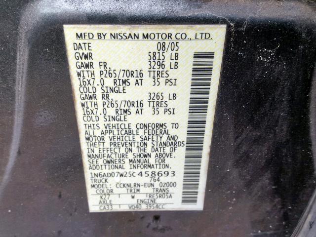 1N6AD07W25C458693 - 2005 NISSAN FRONTIER C GRAY photo 10