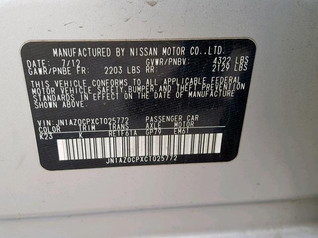 JN1AZ0CPXCT025772 - 2012 NISSAN LEAF SV SILVER photo 10