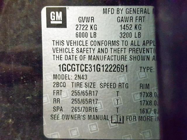 1GCGTCE31G1222691 - 2016 CHEVROLET COLORADO L BLACK photo 10