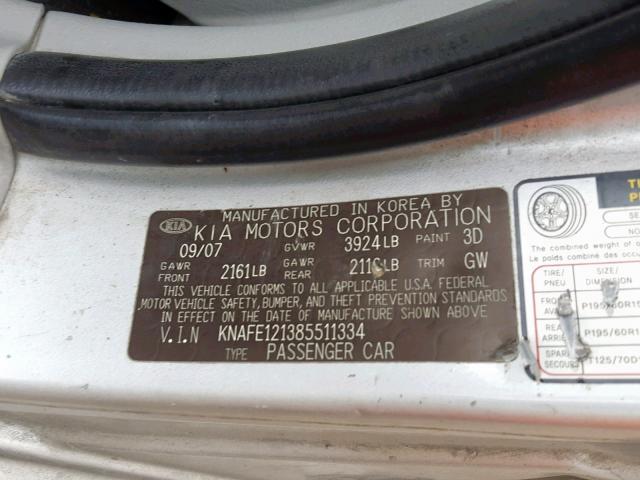 KNAFE121385511334 - 2008 KIA SPECTRA EX GRAY photo 10