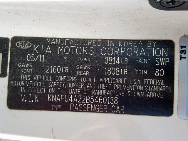 KNAFU4A22B5460138 - 2011 KIA FORTE EX WHITE photo 10