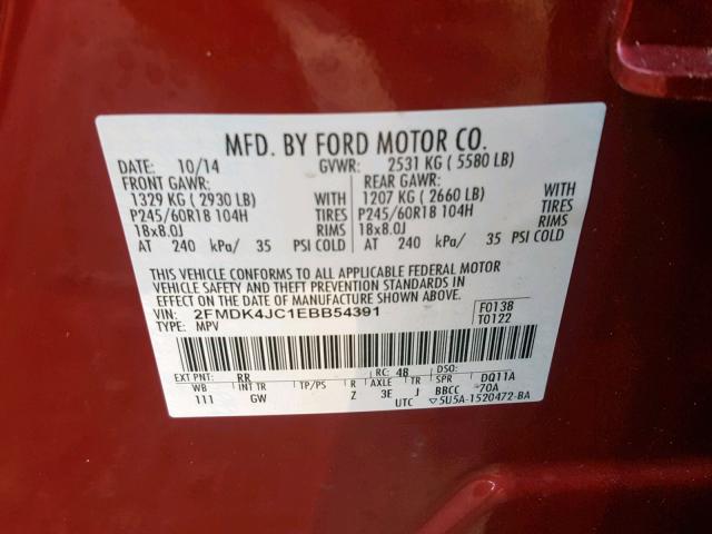 2FMDK4JC1EBB54391 - 2014 FORD EDGE SEL RED photo 10