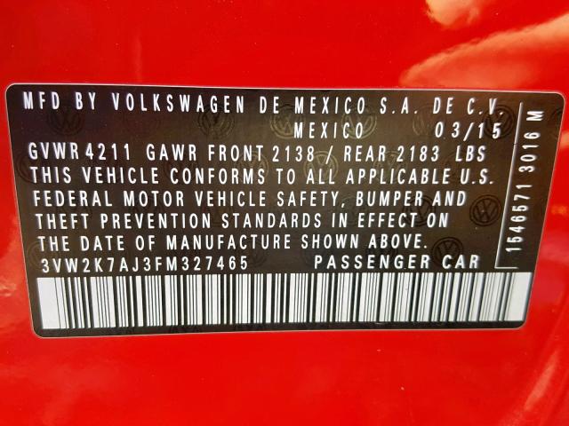 3VW2K7AJ3FM327465 - 2015 VOLKSWAGEN JETTA BASE RED photo 10