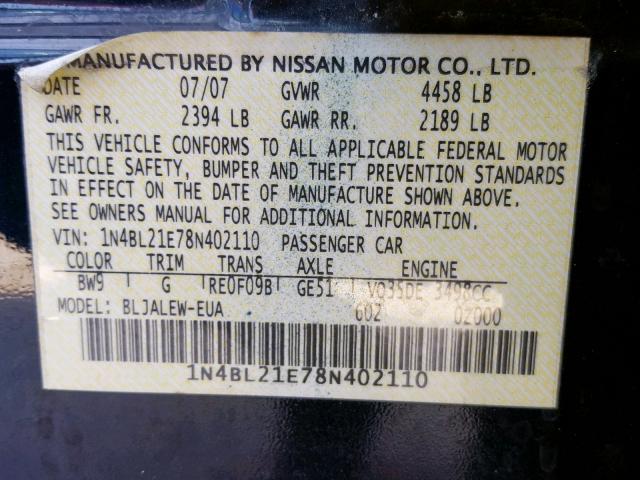 1N4BL21E78N402110 - 2008 NISSAN ALTIMA 3.5 BLUE photo 10