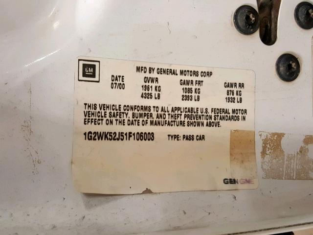 1G2WK52J51F106003 - 2001 PONTIAC GRAND PRIX WHITE photo 10