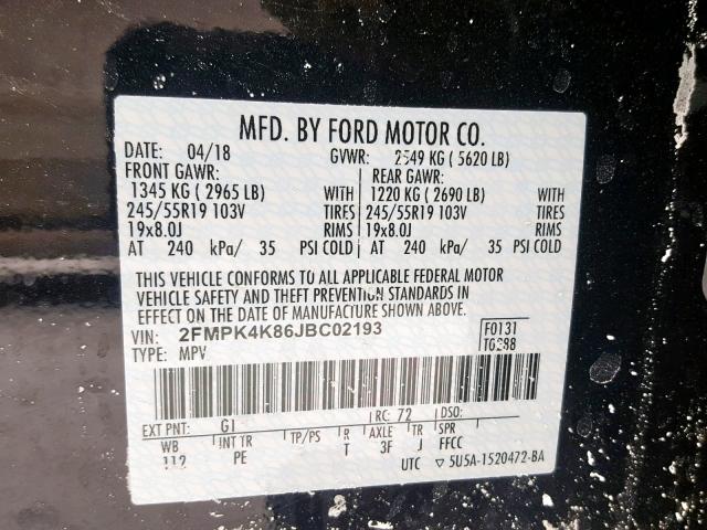 2FMPK4K86JBC02193 - 2018 FORD EDGE TITAN BLACK photo 10