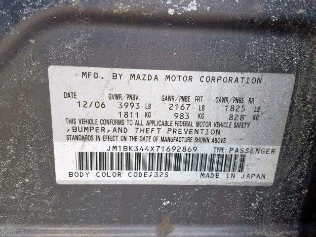 JM1BK344X71692869 - 2007 MAZDA 3 HATCHBAC GRAY photo 10