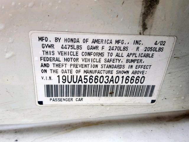 19UUA56603A016660 - 2003 ACURA 3.2TL WHITE photo 10