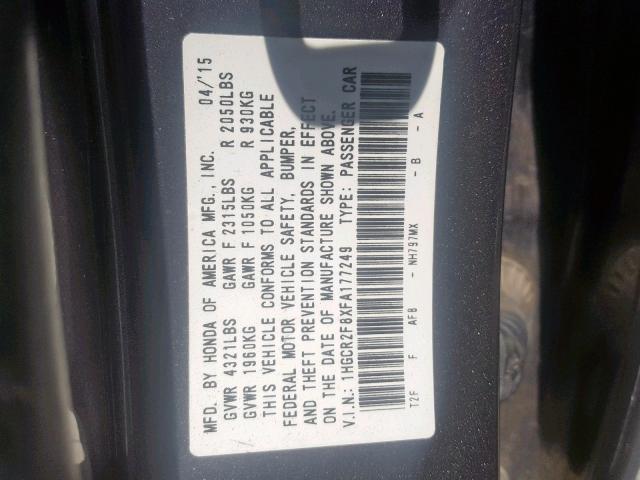 1HGCR2F8XFA177249 - 2015 HONDA ACCORD EXL GRAY photo 10