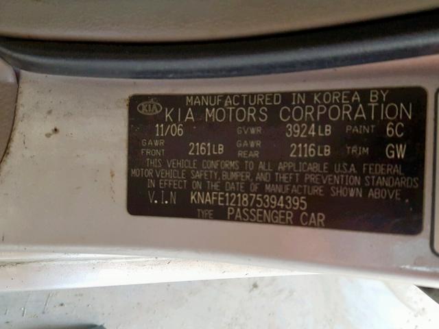 KNAFE121875394395 - 2007 KIA SPECTRA EX SILVER photo 10