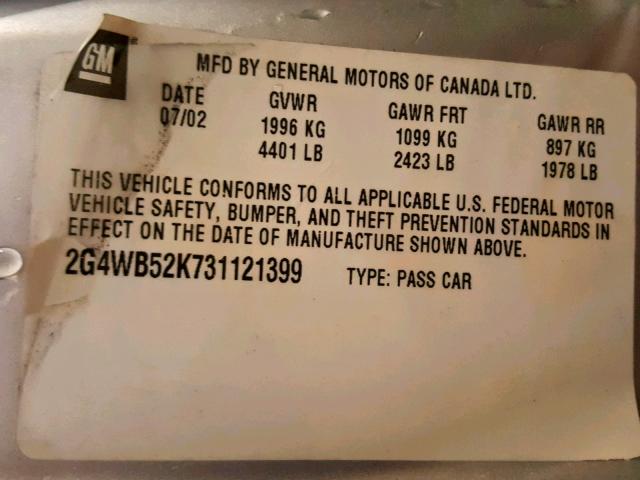 2G4WB52K731121399 - 2003 BUICK REGAL LS SILVER photo 10