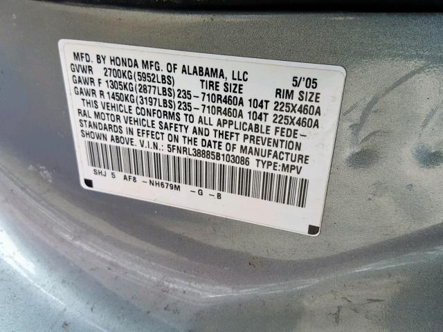 5FNRL38885B103086 - 2005 HONDA ODYSSEY TO GRAY photo 10