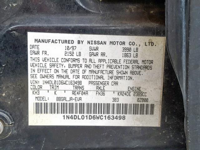 1N4DL01D6WC163498 - 1998 NISSAN ALTIMA XE BLUE photo 10