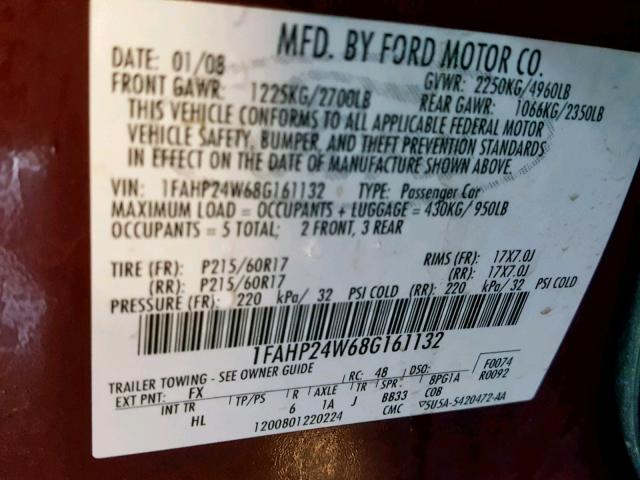 1FAHP24W68G161132 - 2008 FORD TAURUS SEL RED photo 10