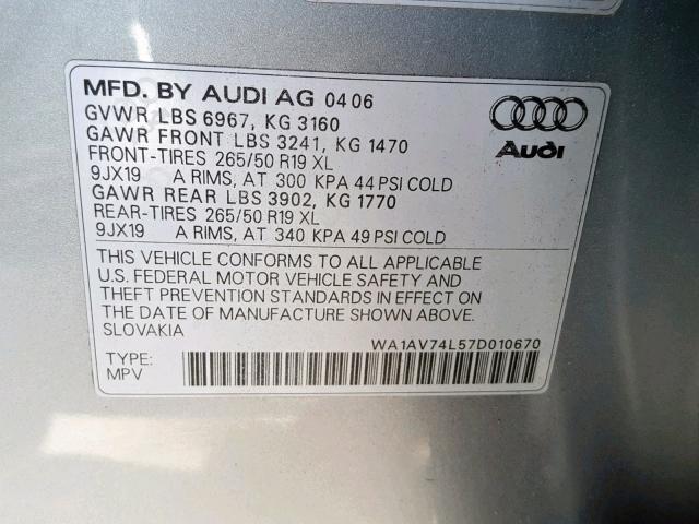 WA1AV74L57D010670 - 2007 AUDI Q7 4.2 QUA SILVER photo 10