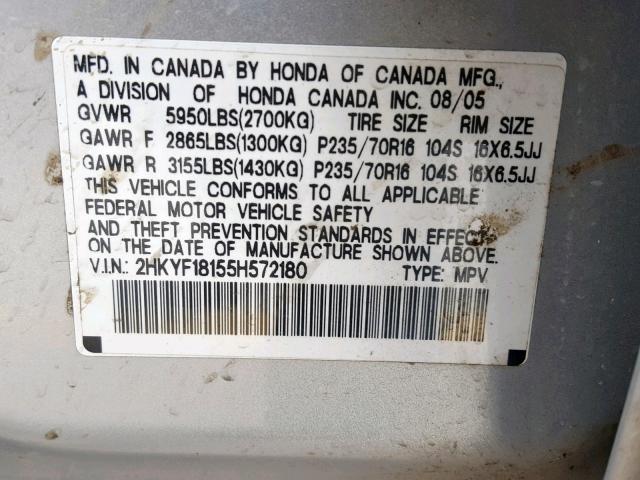 2HKYF18155H572180 - 2005 HONDA PILOT LX SILVER photo 10