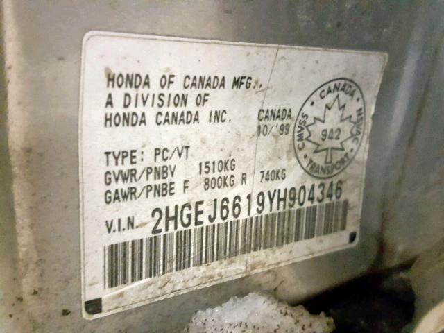 2HGEJ6619YH904346 - 2000 HONDA CIVIC BASE GRAY photo 10