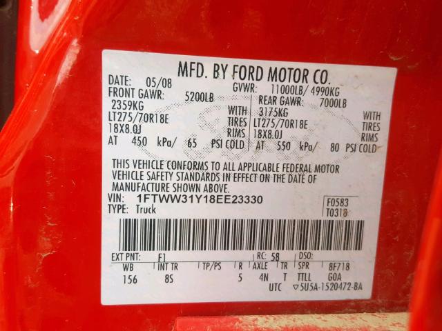 1FTWW31Y18EE23330 - 2008 FORD F350 SRW S RED photo 10